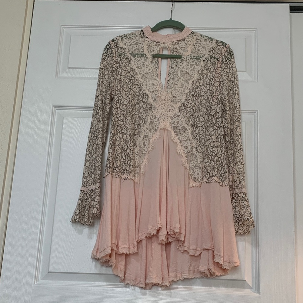 Free People Tell Tale Boho Lace High Neck Sheer Flowy Tunic Top